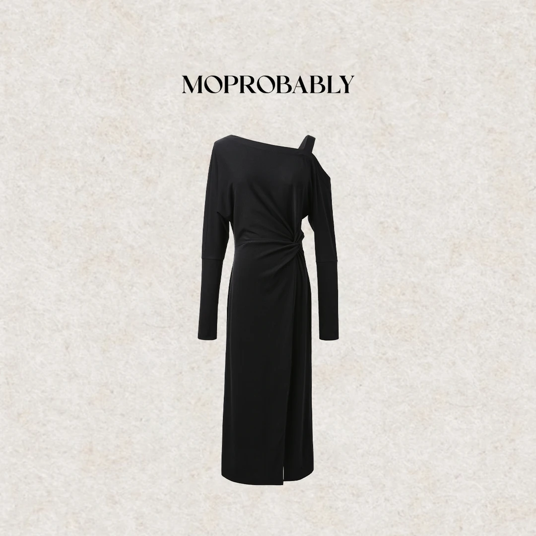 Moprobably李予诺「微现裙」欧美风露肩褶皱开叉轻奢连衣裙L5252001