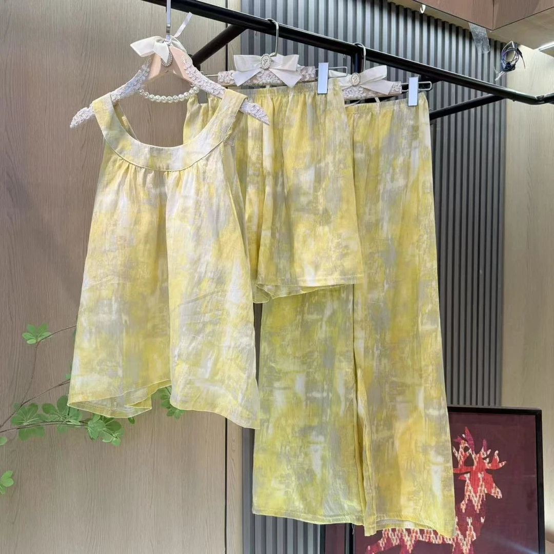 【带胸垫】新款黄色扎染睡裙女款睡衣夏季可外穿居家服套装爆款