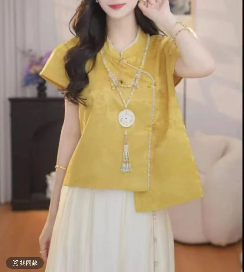 夏季新中式国风斜襟马甲女时尚气质复古百搭显瘦气质上衣女马夹潮