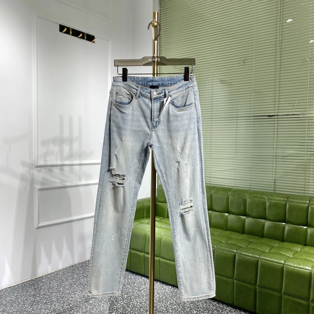 【奢潮定制】2830夏季新款男士泼墨破洞时尚重工水洗浅色修身牛仔裤