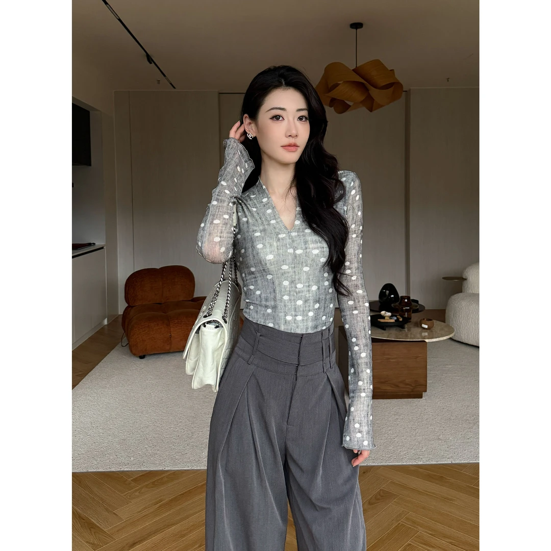 JIJINQI秋季新款百搭上衣修身时尚波点针织长袖女 JD09SZXL1043