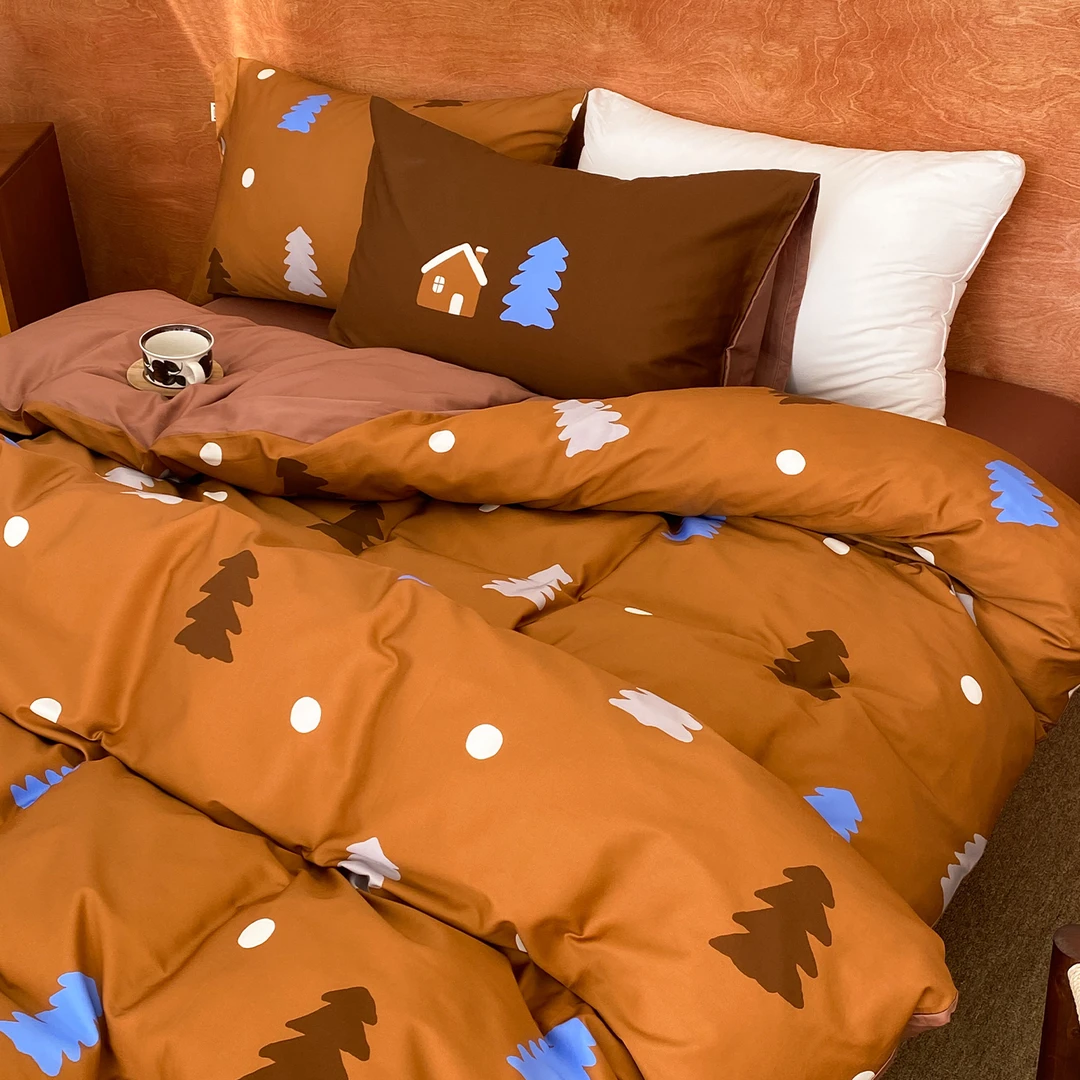 小雪松林 氛围感原创60S全棉三四件套焦糖棕被套床单床笠单人简约