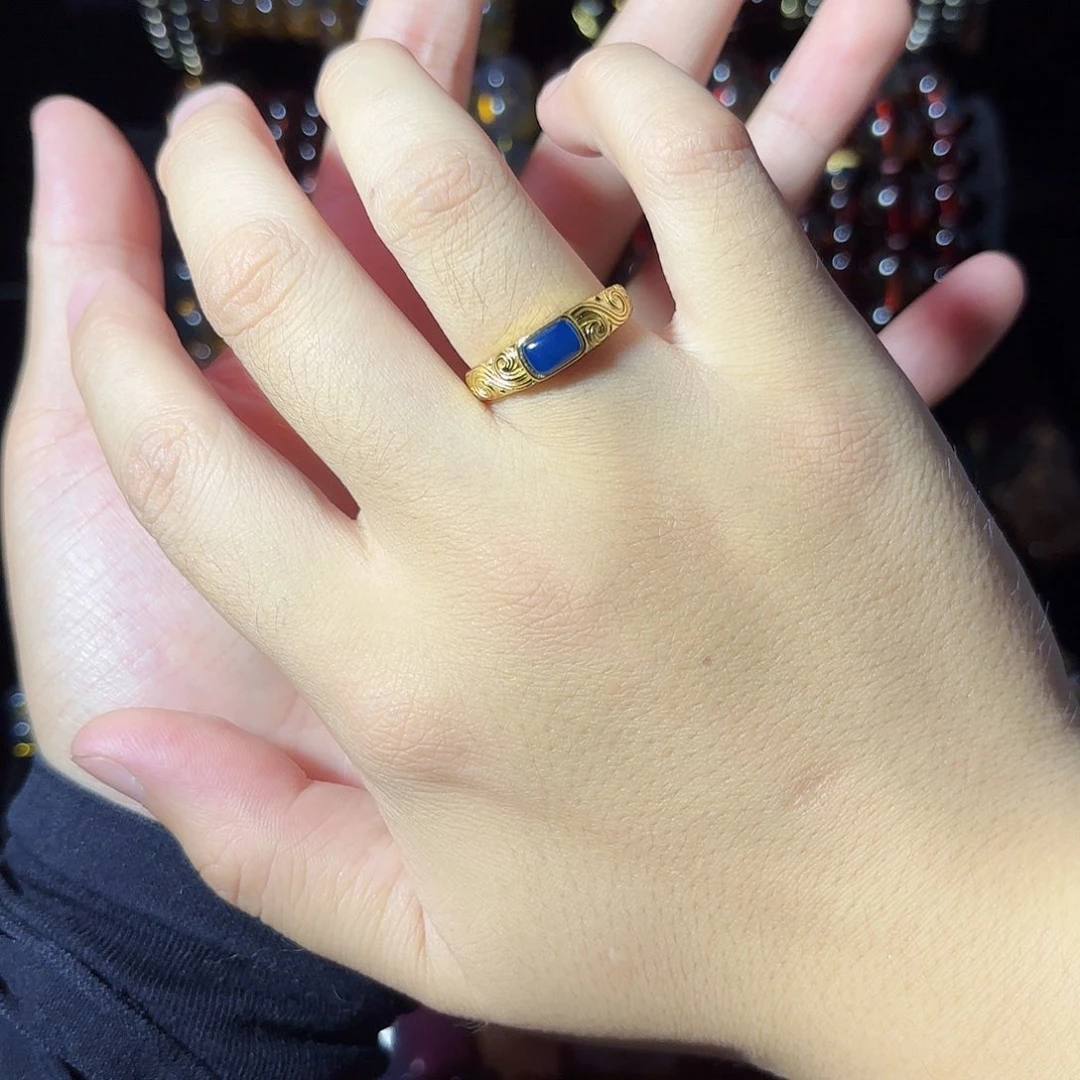 银S925镶嵌琥珀裸石多米尼加皇家蓝戒指