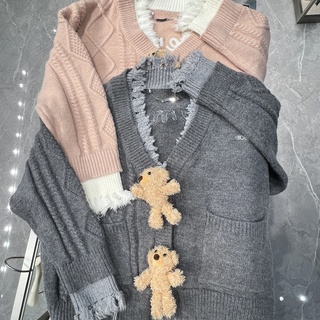 【YU·PP】（004）小众破洞流苏提花玩偶秋冬中长款毛衣外套（P0023）