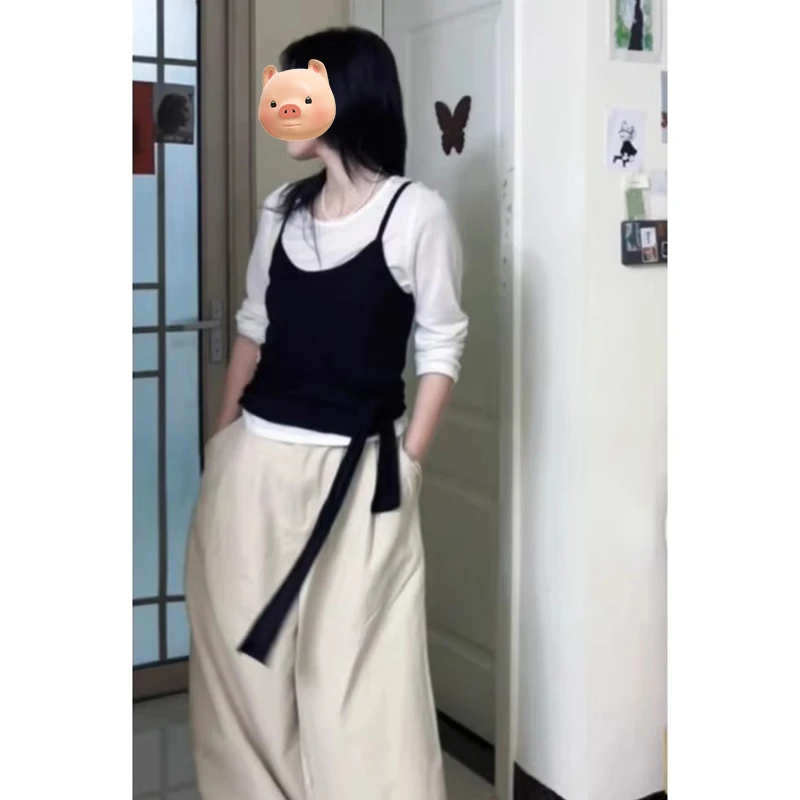 韩系氛围感穿搭一整套早秋季女装白色打底衫叠穿吊带上衣两件套装