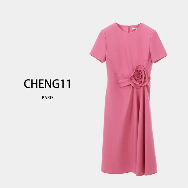 LANG- Z 1108 新款a字法式裙子玫瑰花收腰设计感小众气质连衣裙女