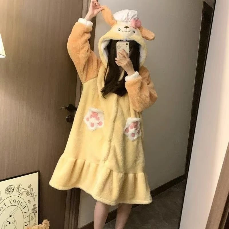 黄油饼饼厨师狗睡衣女冬季珊瑚绒加厚加绒冬天长款睡袍家居服套装