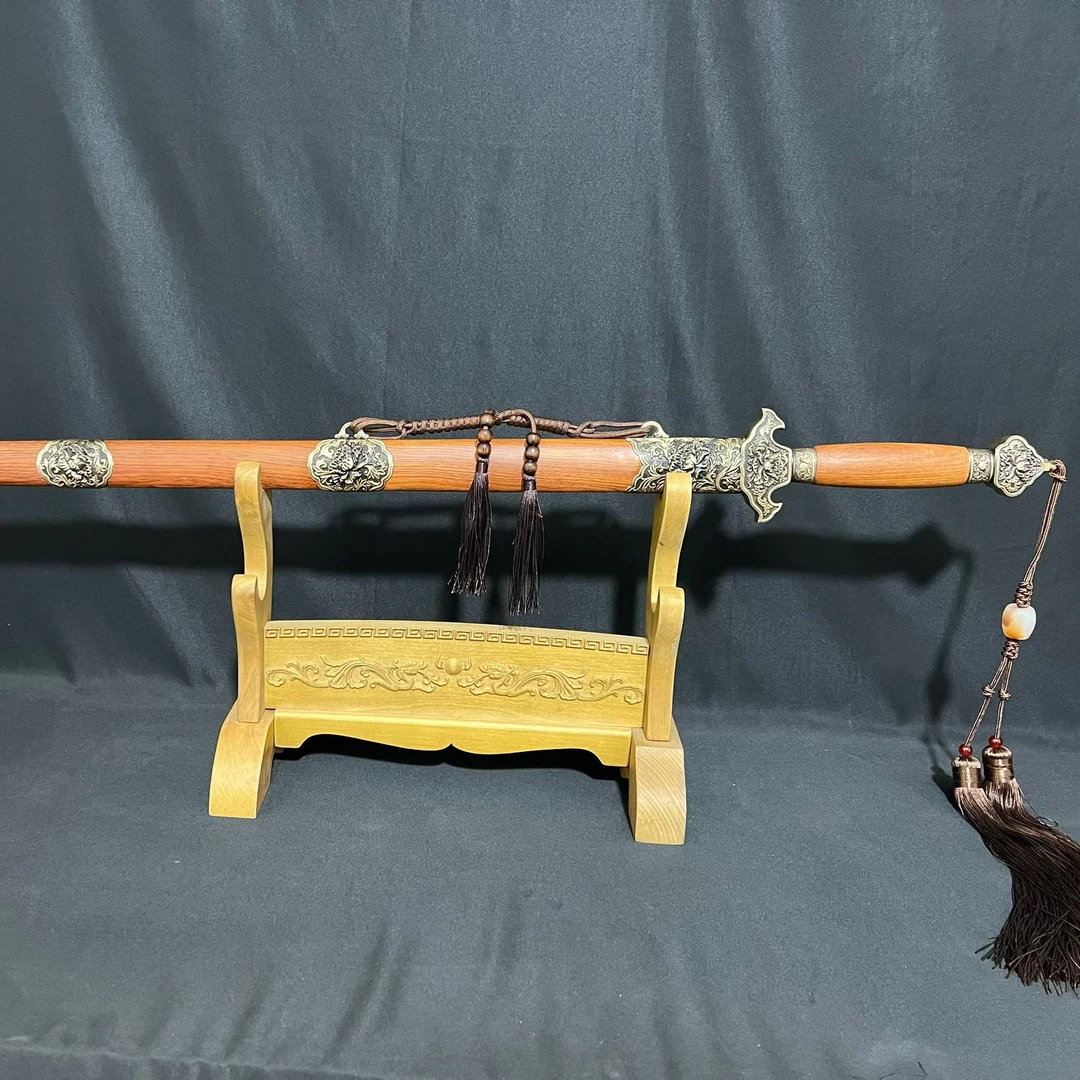 牡丹剑花纹钢红檀木纯铜做旧未开刃