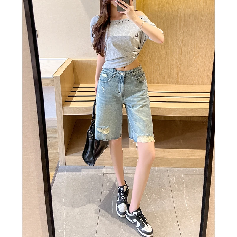 破洞毛边牛仔五分短裤女2025年夏季薄款高腰宽松显瘦a字直筒中裤