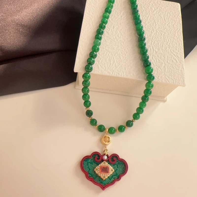 合金项链 如意锁项链复古绿色长链轻奢精致小饰品旗袍配饰 如意锁