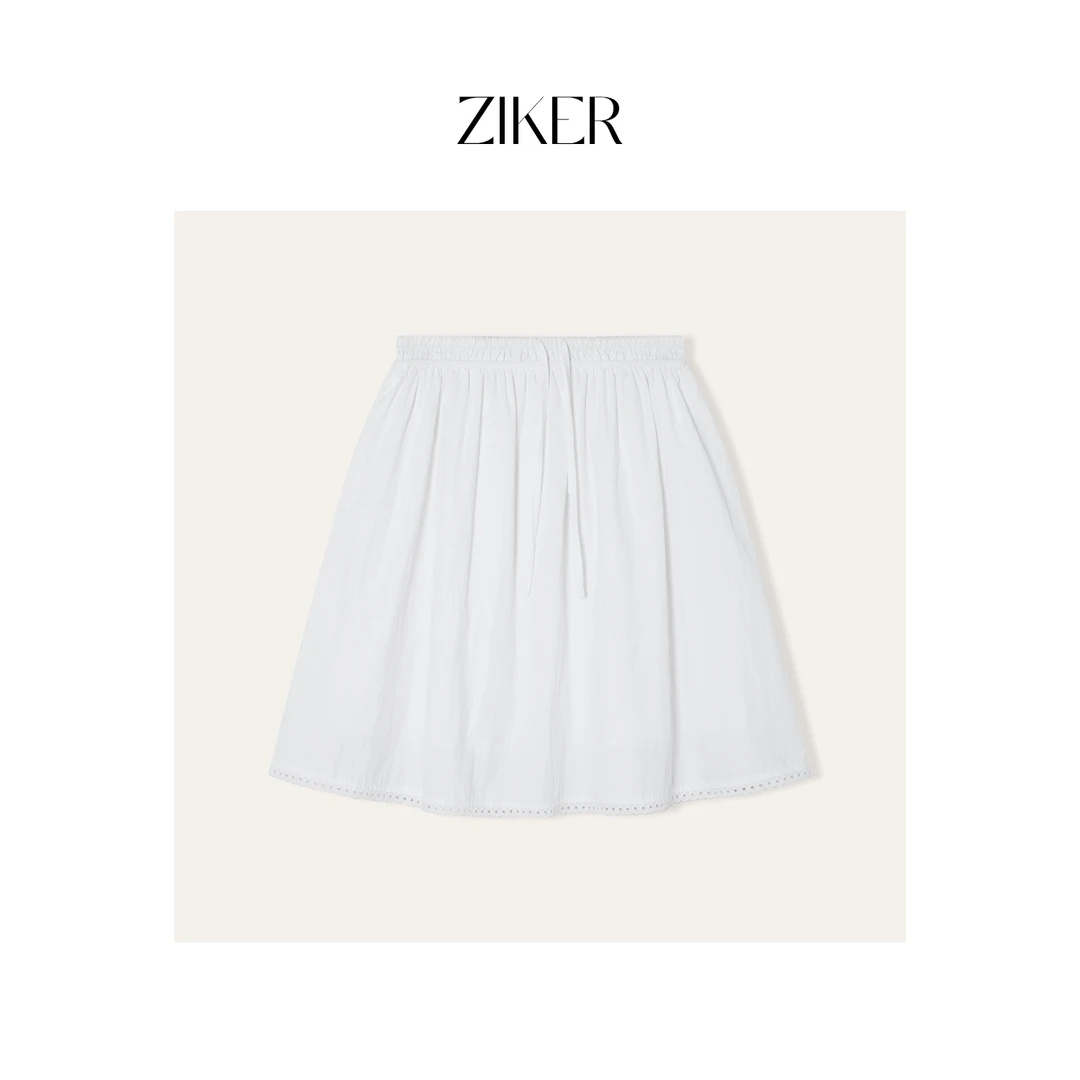 ZIKER｜抽绳松紧腰白色A字夏季百搭半身短裙（套袋机洗真实）裙子