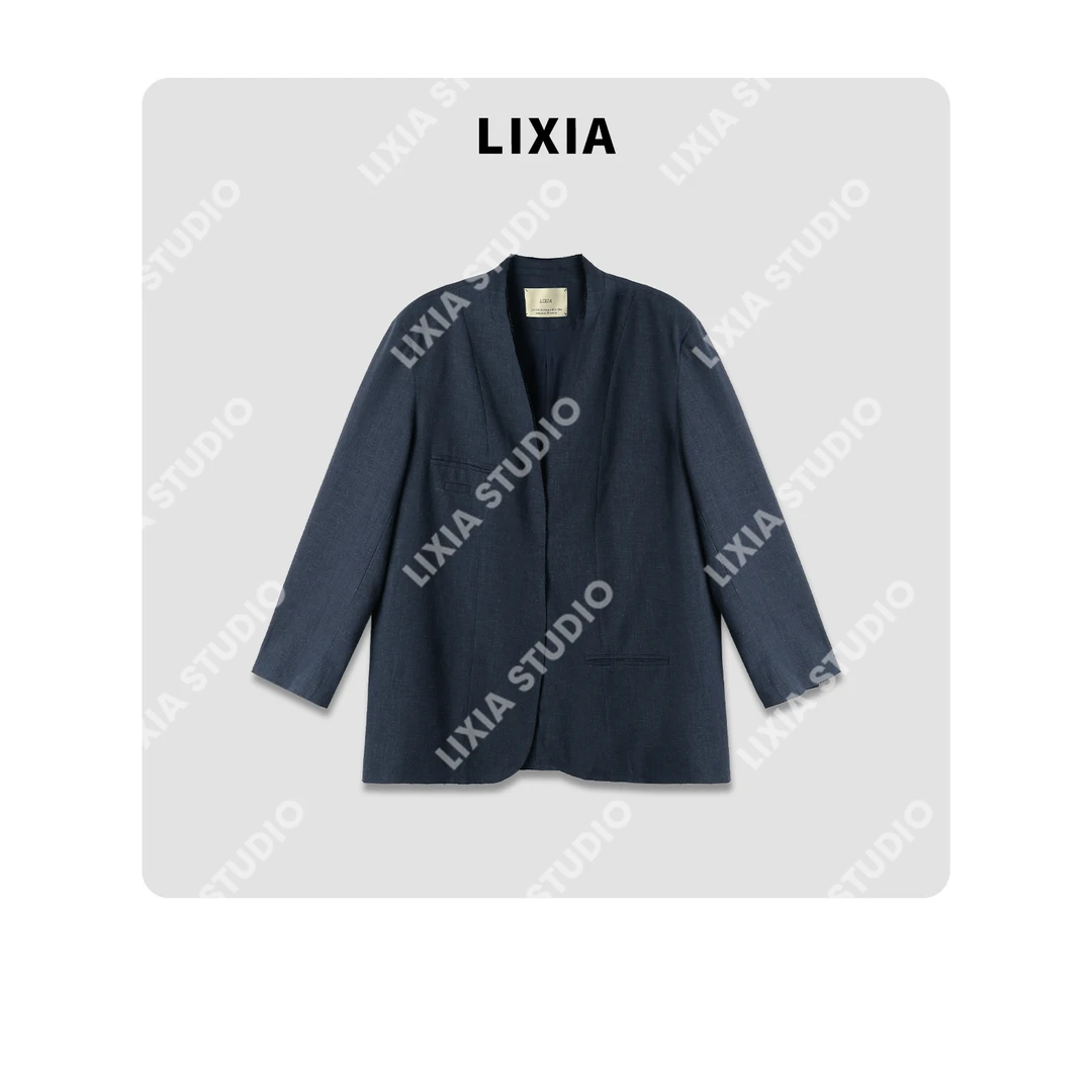 LIXIA【经典派】简约轻奢气质复古中长款藏青色V领西装外套-D7560