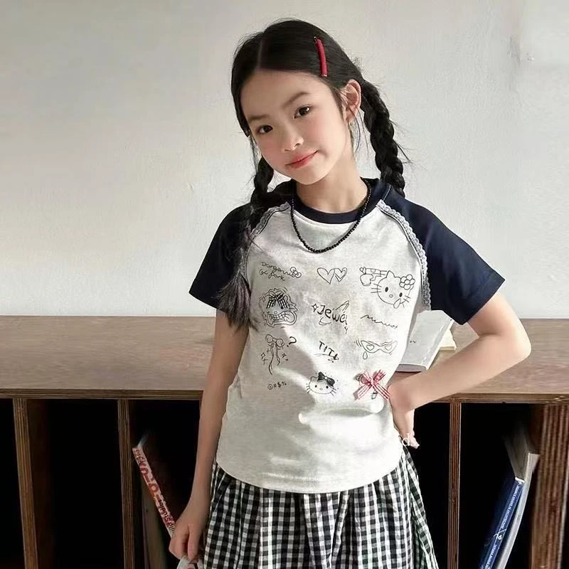 儿童夏季百搭洋气时尚针织女童涂鸦印花撞色插肩袖圆领t恤上衣