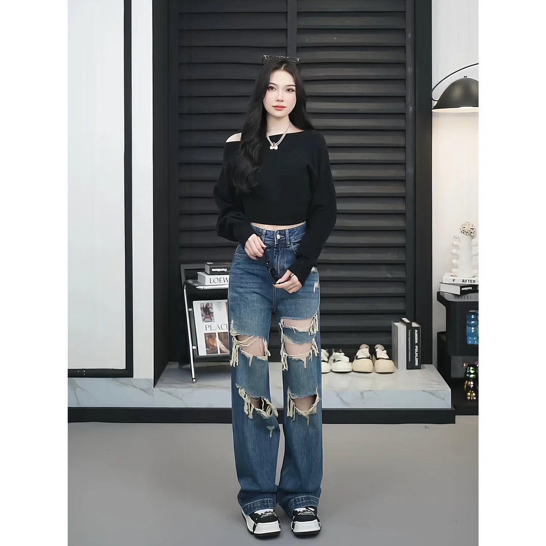 【TO&HR.GIRL】P2505-蓝设计真破洞直筒拖地休闲水洗小众牛仔裤高腰