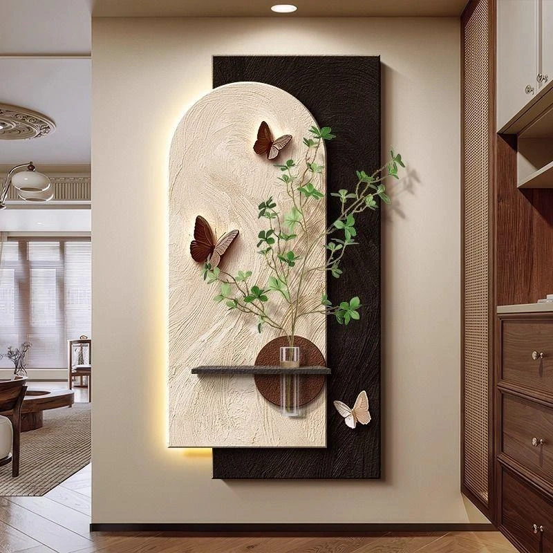 中古风蝴蝶玄关装饰画高级感绿植置物架入户走廊过道挂画砂岩壁画