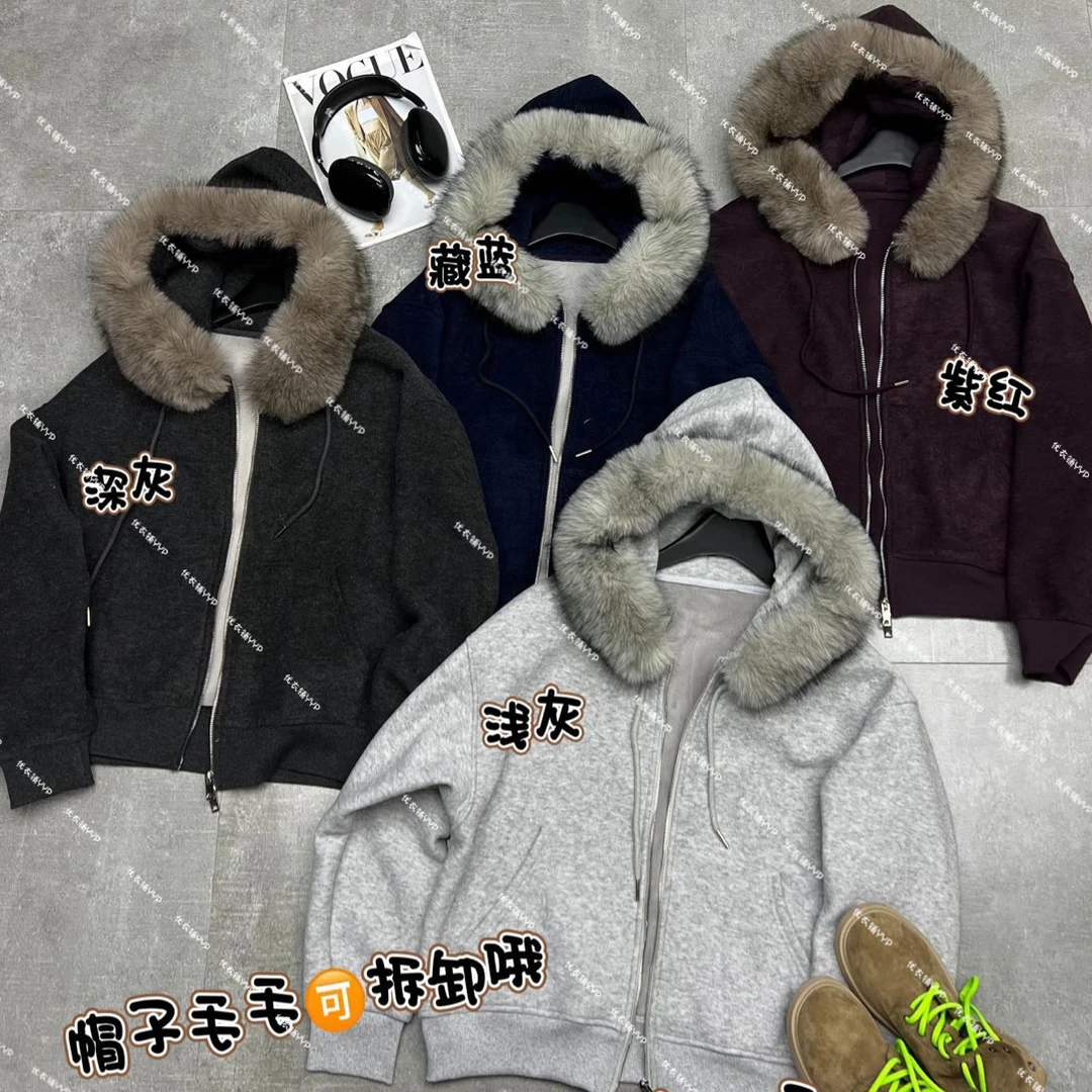 开衫短款连帽带毛领时尚百搭外套