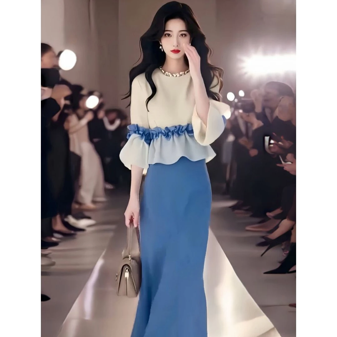 韩系穿搭一整套名媛气质高级感小众显瘦木耳边上衣半身裙两件套女