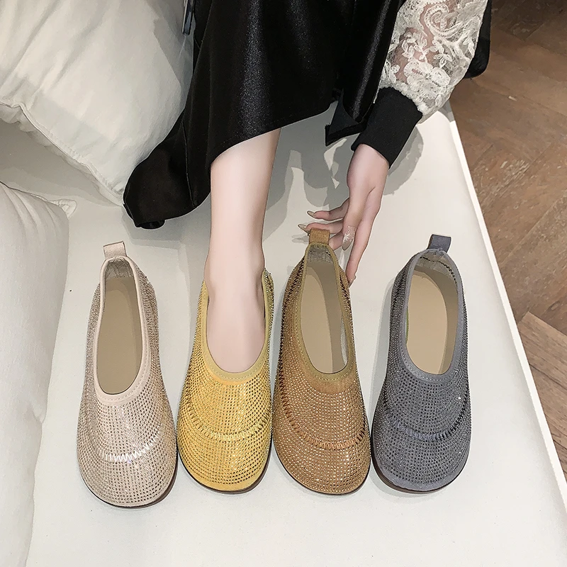 镂空透气软底豆豆鞋女2025年夏季新款一脚蹬单鞋水钻老北京布鞋子