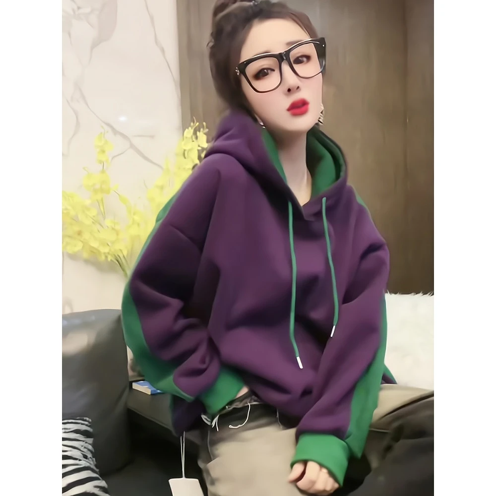 韩版秋季宽松加绒时尚秋冬季长袖女装高级感上衣紫色连帽撞色卫衣