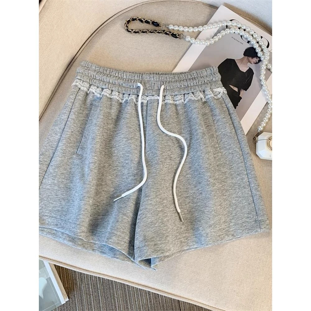 蕾丝花边拼接灰色休闲运动短裤女夏季薄款宽松外穿高腰a字阔腿裤