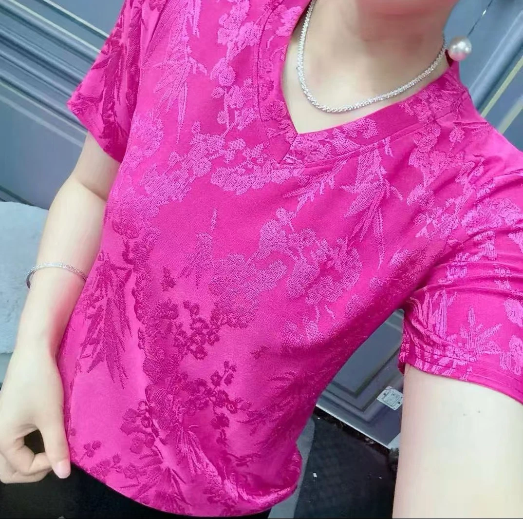 【新款】 女士夏季V领短袖薄款百搭洋气大码上衣T恤