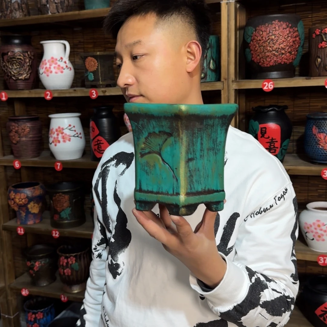 带孔高端浮雕花盆高度+口径16*18