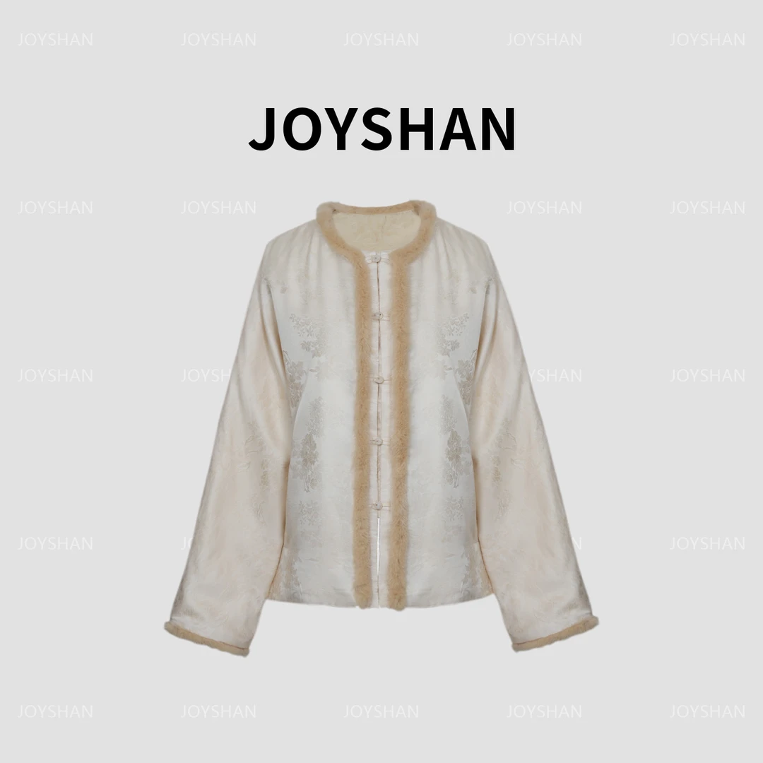 JOY SHAN-2025冬款新款牡丹提花水貂毛长袖宽松桑蚕丝加棉上衣