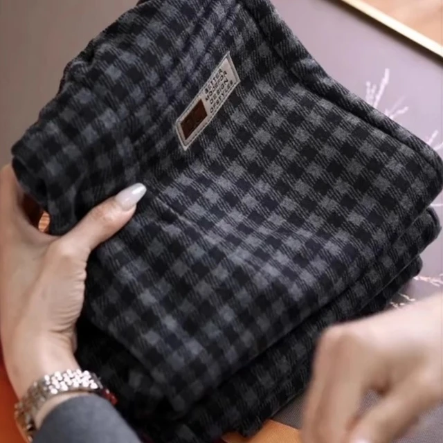 格子毛呢哈伦裤女秋冬2025新款加绒高腰显瘦小个子直筒休闲萝卜裤