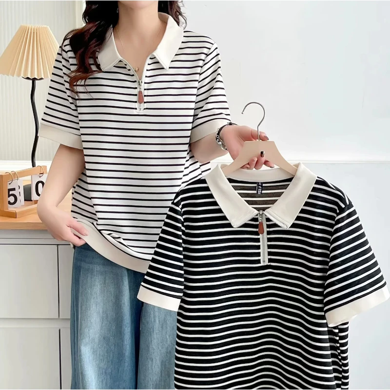 大码女装 胸围108-132夏季新款条纹短袖200斤正肩显瘦遮肉polo衫