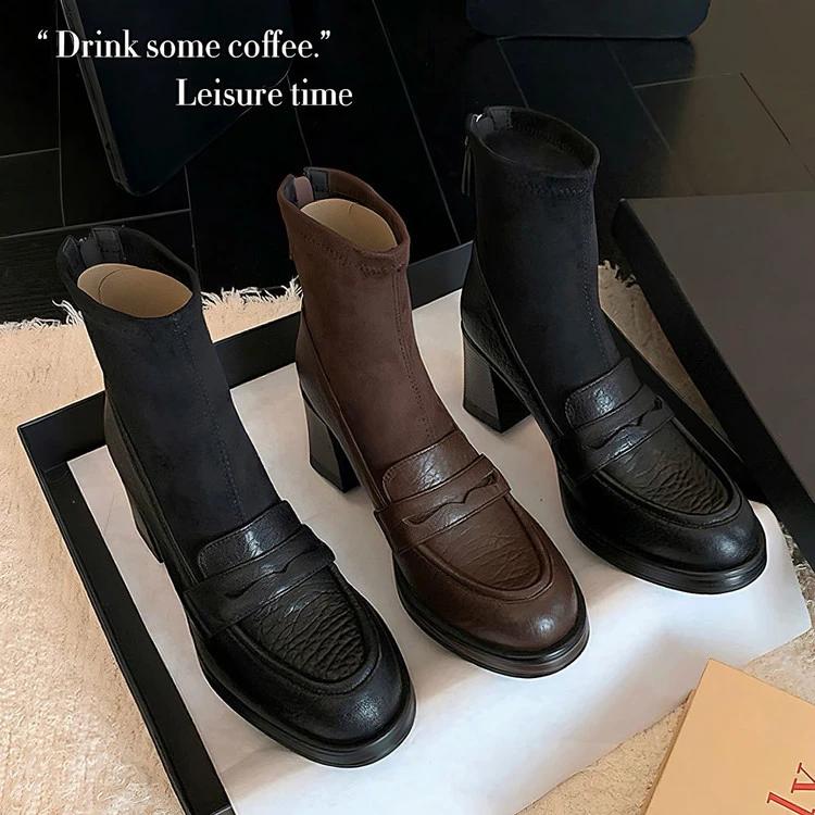 羊皮+绒面~7cm秋冬新款粗跟真皮短靴百搭短筒方头气质高跟弹力靴