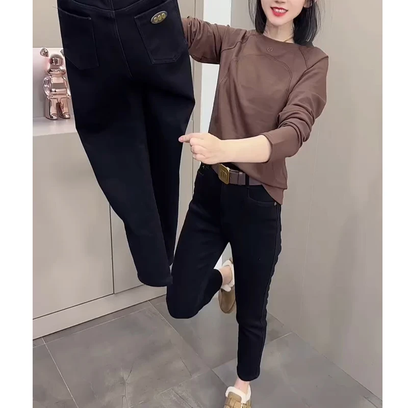 秋冬加绒高腰小脚牛仔裤女大码小个子弹力显瘦修身百搭九分铅笔裤