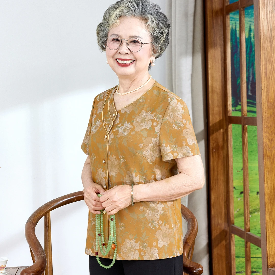 中老年人妈妈夏装短袖开衫奶奶夏季宽松新中式衬衣小衫老太太衣服