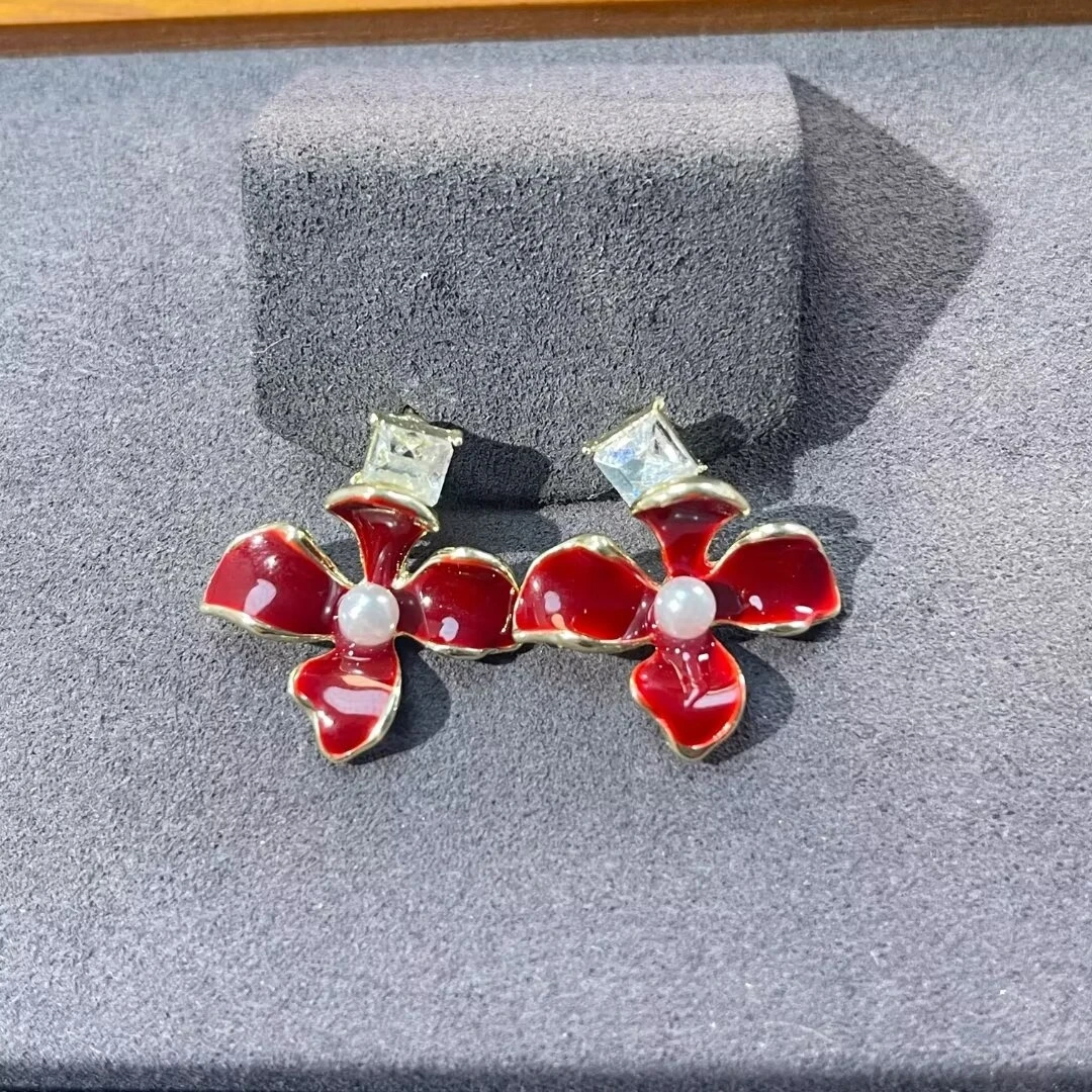 铜合金耳饰 安克拉红花朵耳钉复古小众精致耳饰KH4053