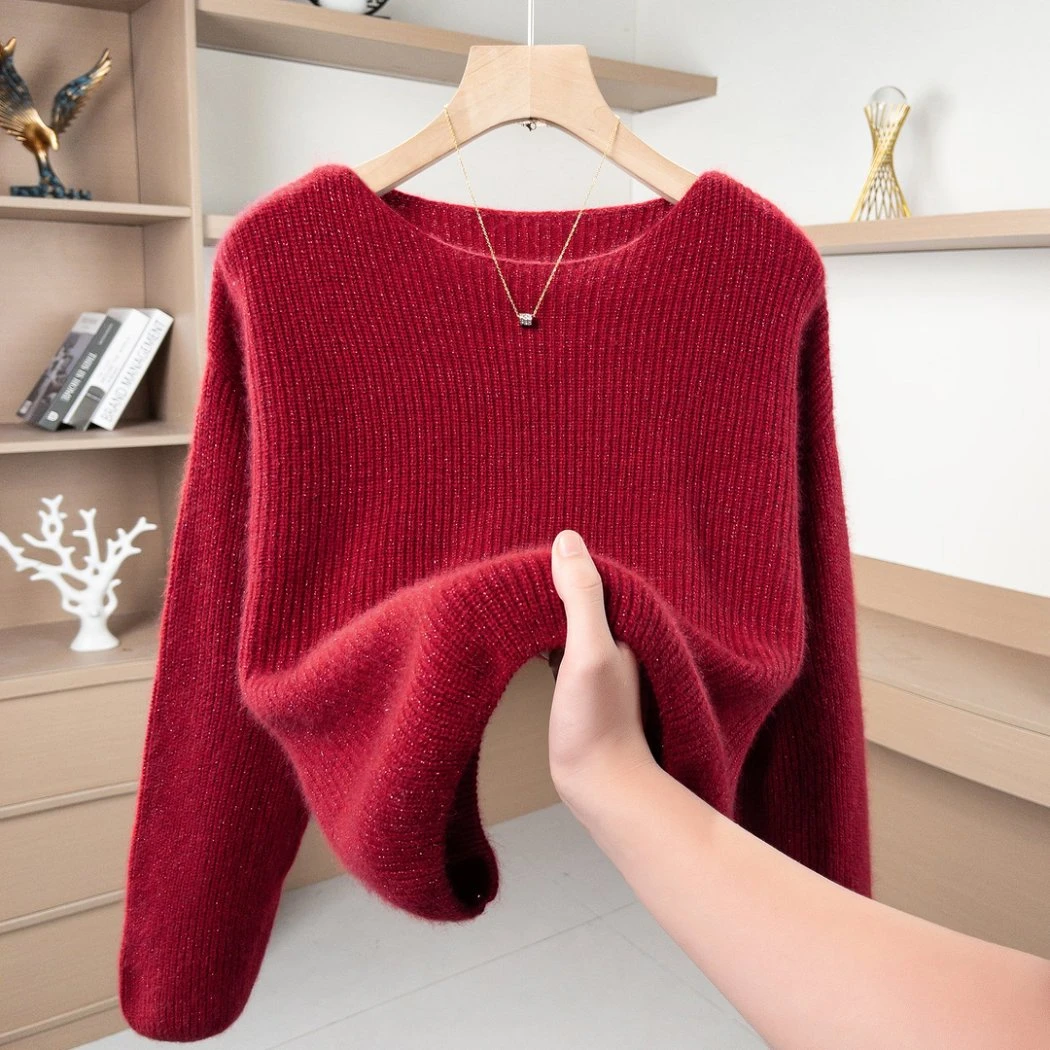 小一字领  高智淡人风简约宽松慵懒外穿时尚气质百搭金丝长袖2501