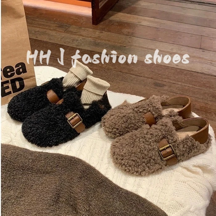 可踩跟保暖单鞋女拼色厚底金属扣带毛毛勃肯鞋女秋冬外穿单鞋