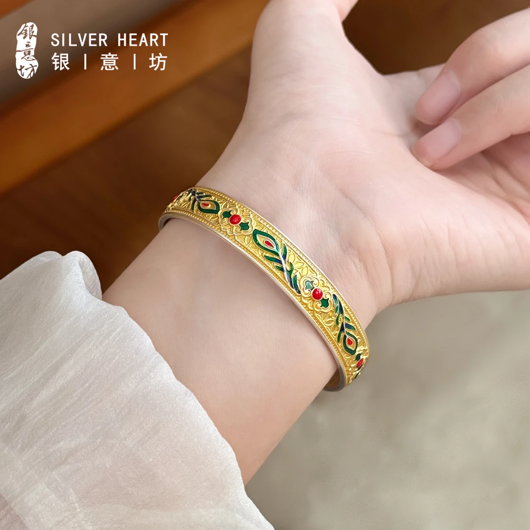 珐琅彩手镯女士纯银手镯女款新款开口实心设计感足银镯子