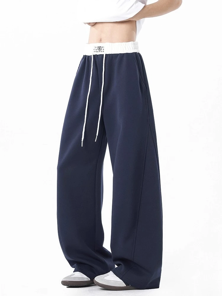 美式藏青色重磅弯刀卫裤男女春秋潮牌宽松直筒情侣百搭休闲运动裤