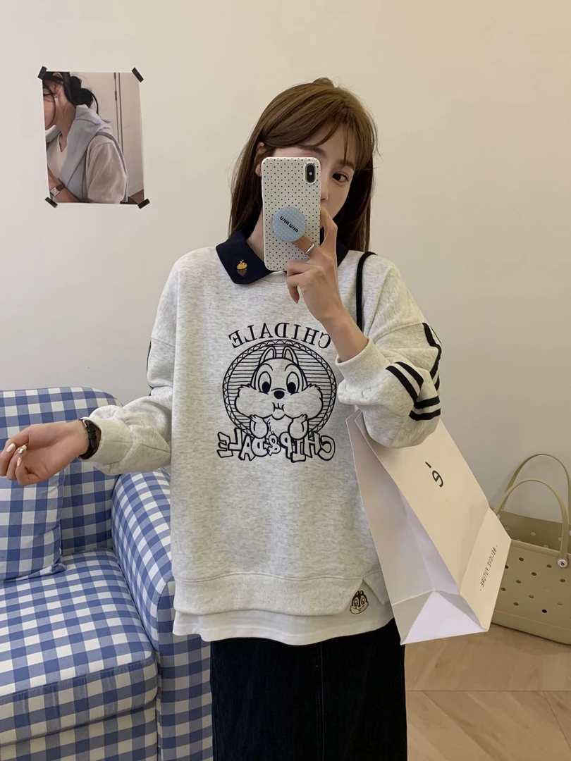 25春季新款韩版宽松百搭休闲卫衣松鼠刺绣假两件翻领减龄显瘦626