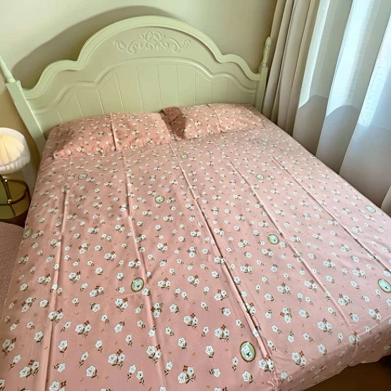 四季通用细纱原棉老粗布三件套床上用品床单枕套印花