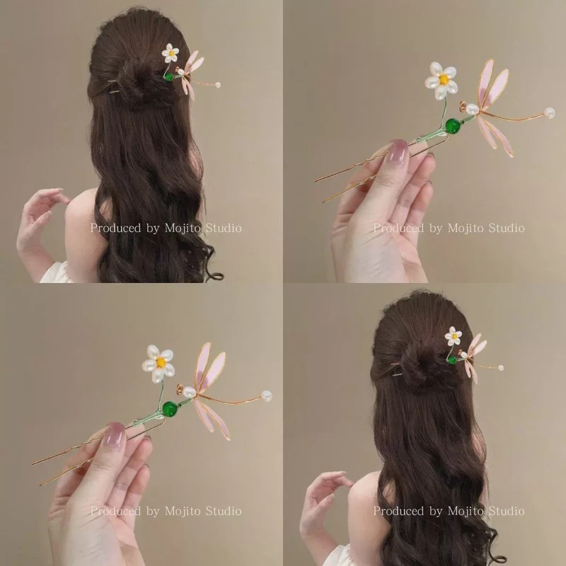 春台蝶~新中式蜻蜓绒布发钗古风女高级感盘发u型发簪气质汉服发饰