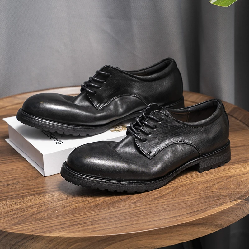 固特异手工马皮英伦风复古纯色德比鞋圆头休闲皮鞋厚底鞋子秋季男