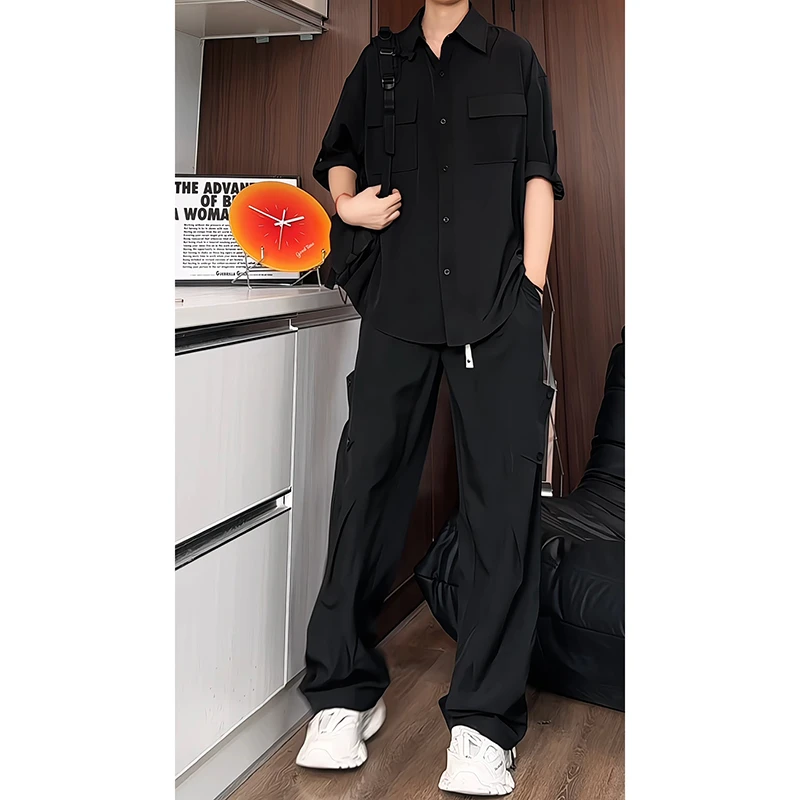 套装冰丝凉感纯色宽松休闲冰丝衬衫休闲裤男大码衬衣工装裤两件套