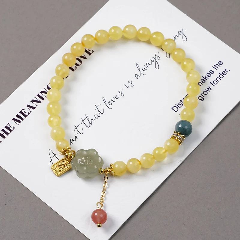 原创单圈蜜蜡和田玉桃花手链-8909