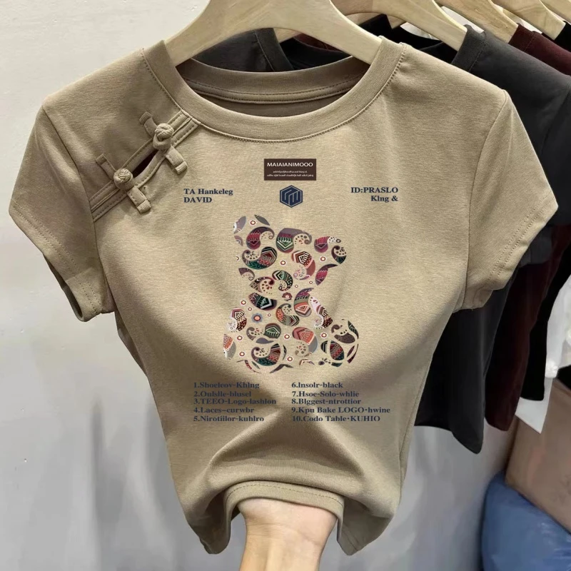 纯棉短袖t恤女夏季2025新款百搭花熊图案修身设计感半袖上衣ins潮