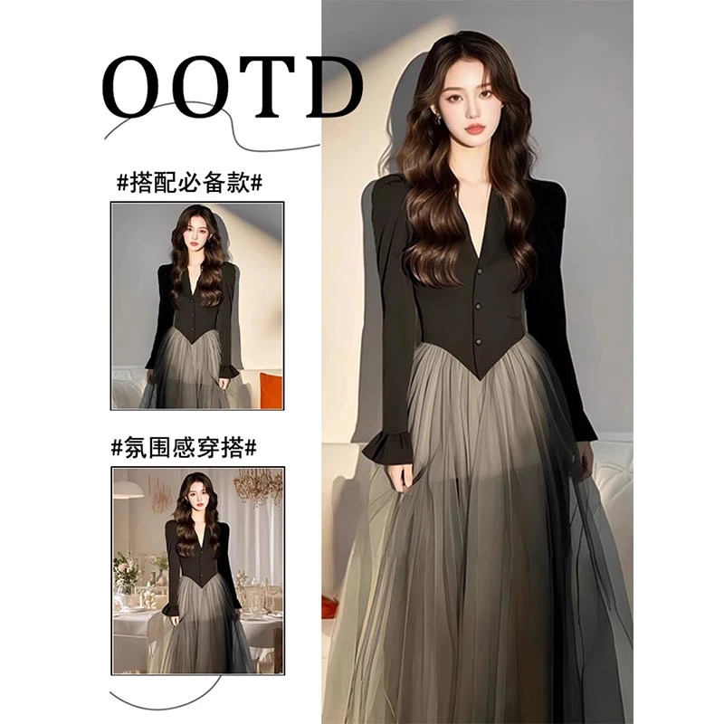 2025年春秋季新款连衣裙拼接长袖休闲气质显瘦个性高级感甜美女装