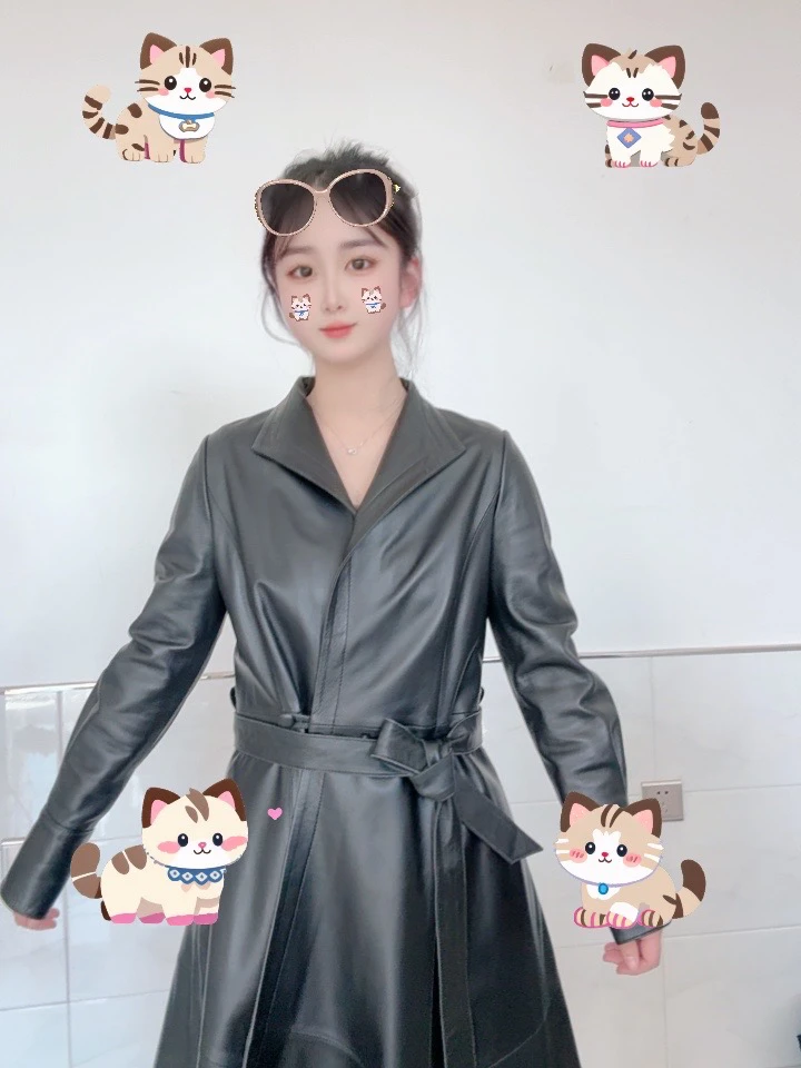 清仓-秋冬季海宁皮衣女长款修身显瘦皮风衣女士外套