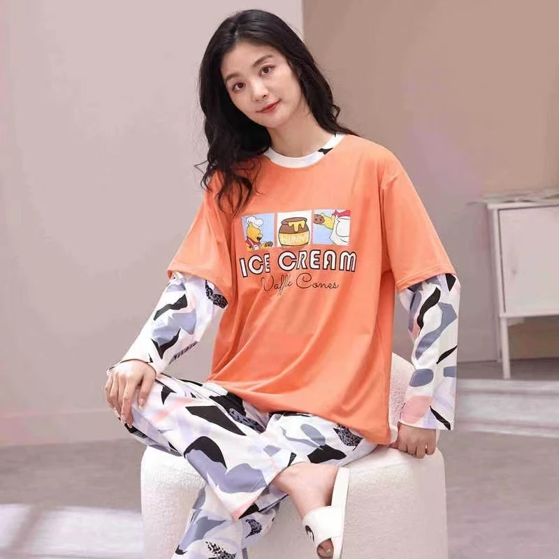 圆领套头休闲假两件长袖睡衣