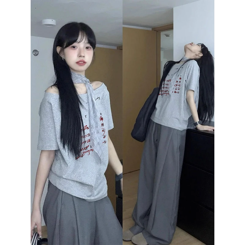 【ZHAP】2025夏季新款一字肩短袖T恤女斜肩印花遮肉显瘦百搭上衣