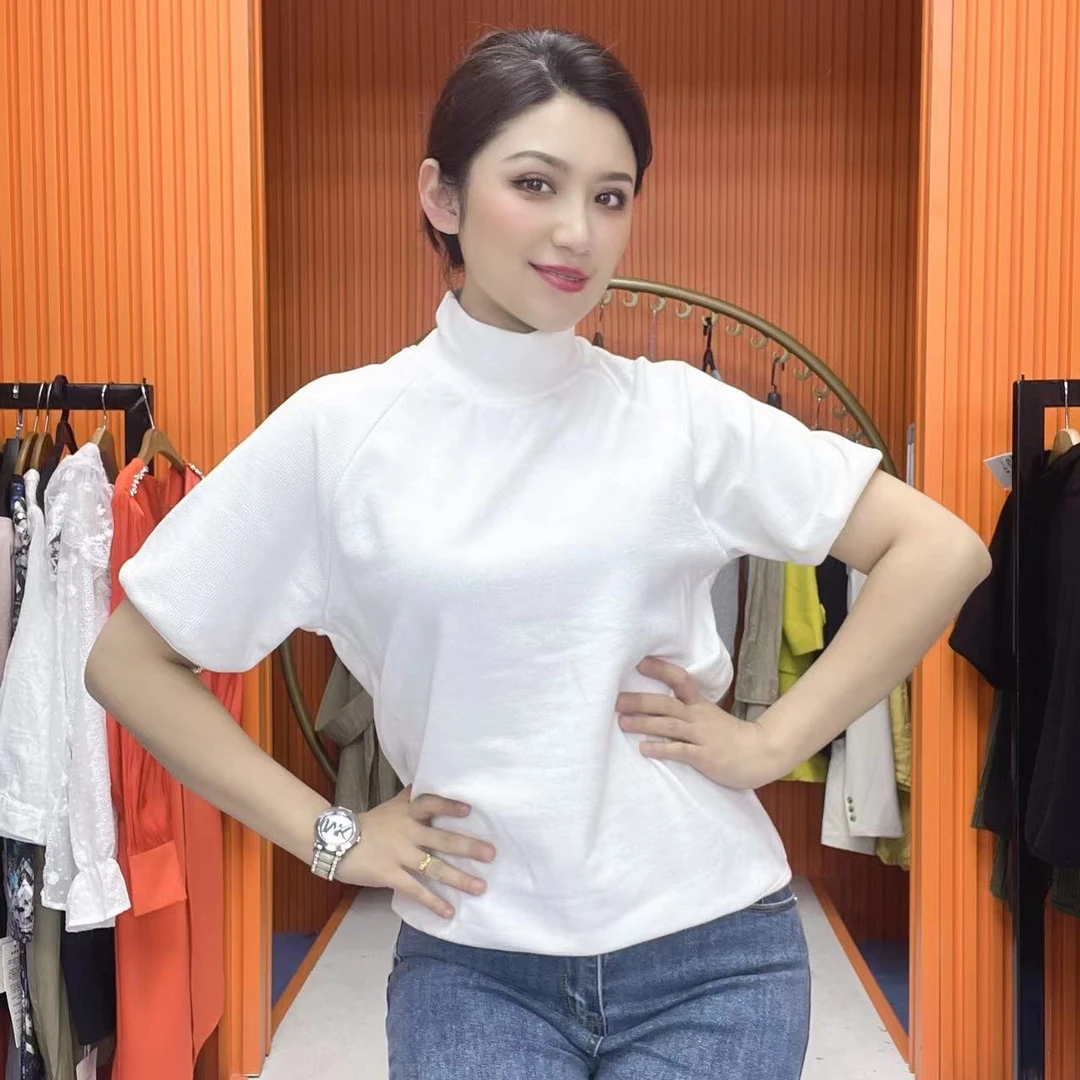 女士时尚百搭休闲短袖宽松型夏季T恤拼接运动白色圆领纯色透气