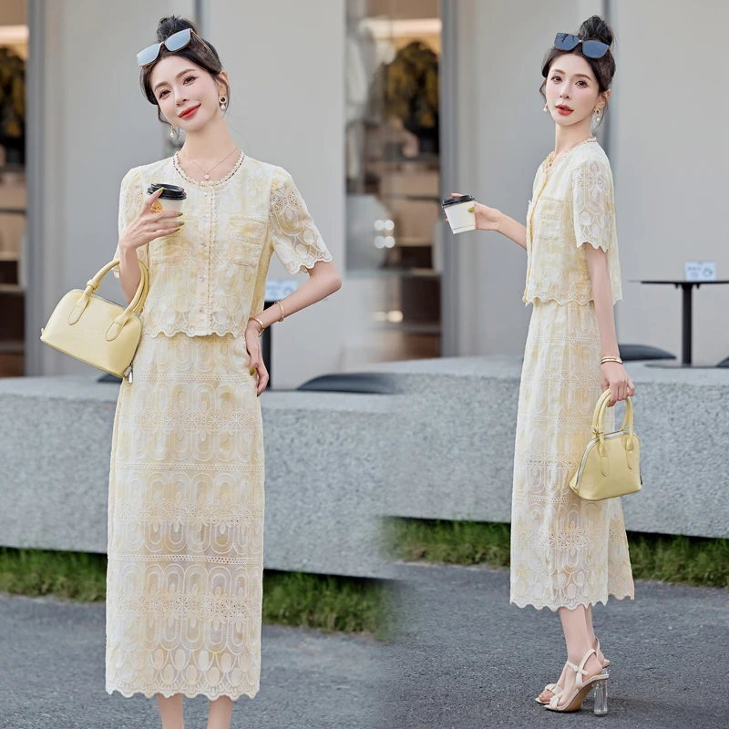 小香风套装裙女2025夏季新款高级感时尚气质名媛蕾丝半身裙两件套